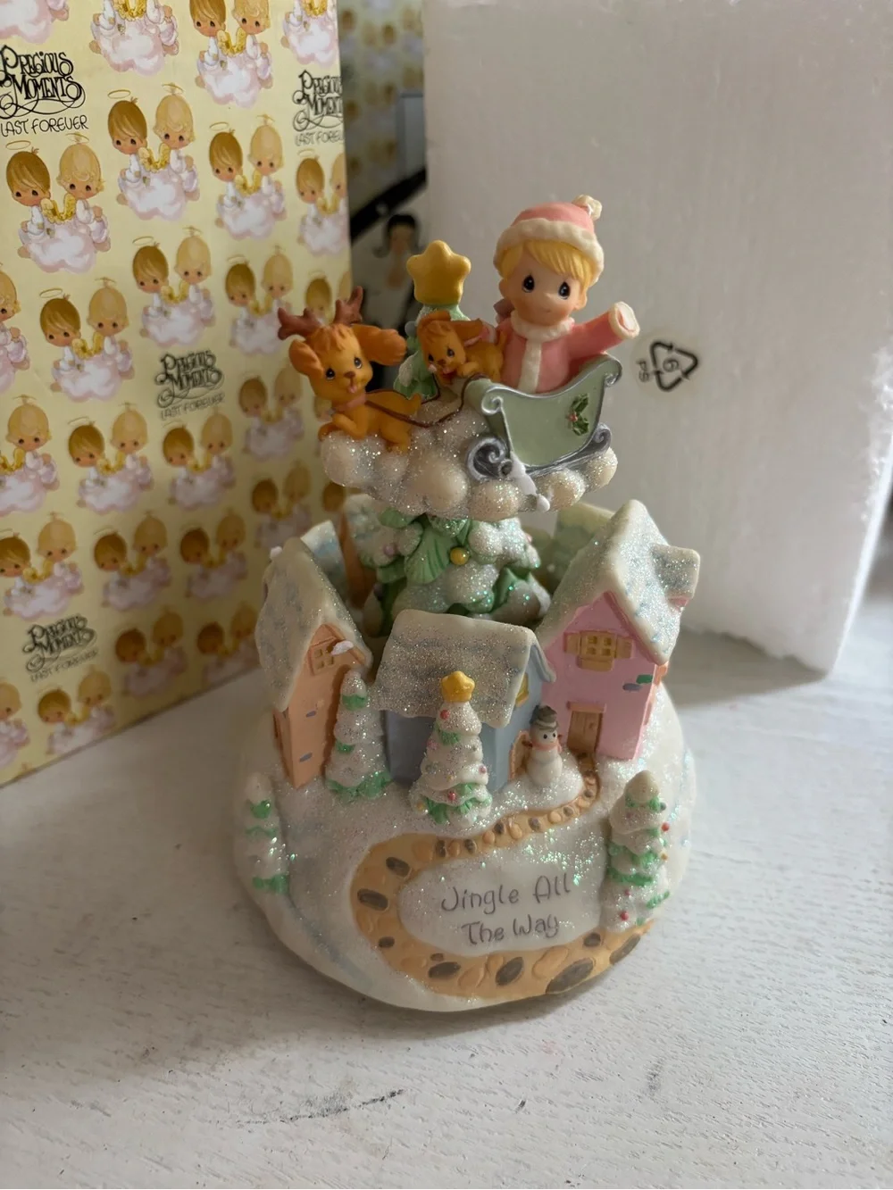 Precious Moments pastel pink and mint glitter holiday village figurine